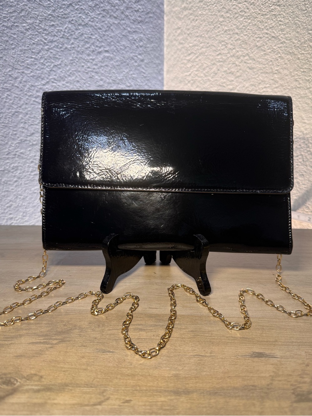 Halogen Black Patent Leather Wallet Clutch Crossbody Gold Chain Envelope Bag